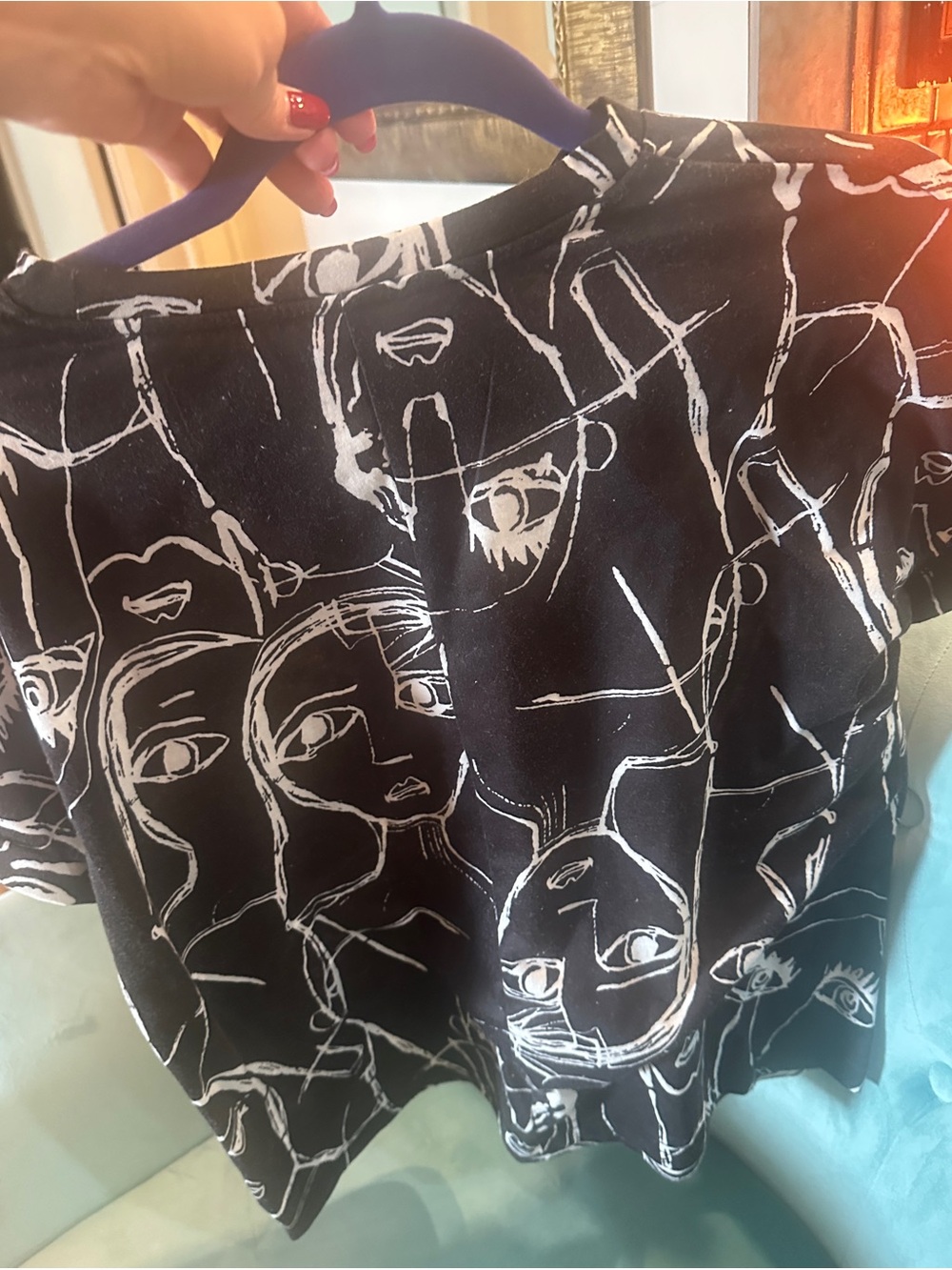 Black Abstract Faces Short Sleeve Tee - Women's Graphic Top